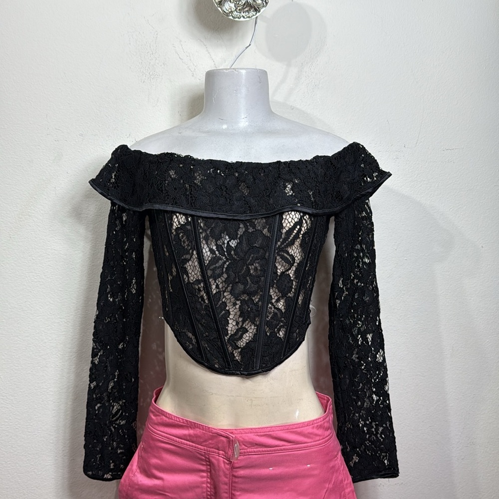 (A3) FASHION NOVA Sexy Long Sleeve See Through Style Lace Corset Mesh Crop Top,S